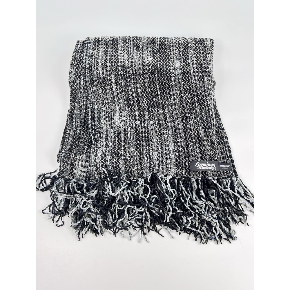 Vintage Loominus Handwovens Chenille Scarf Black Gray Handwoven USA 68” Fringe